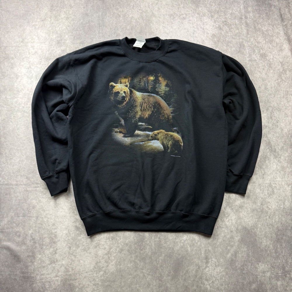 Gildan Heavy Blend Black Grizzly Bear Graphic Sweatshirt Mens Large Crewneck